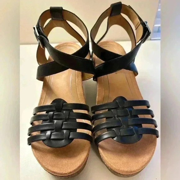 Vionic Clarisa Raffia Wedge Sandals Concealed Ortho Size 9 Black Leather - Picture 3 of 11